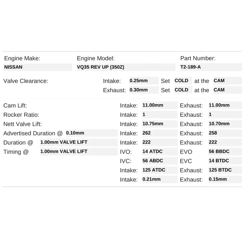 Kelford Cams 262/258 Stage 1 Road Cams Nissan Turbo VQ35 REV UP 350Z - Image 2
