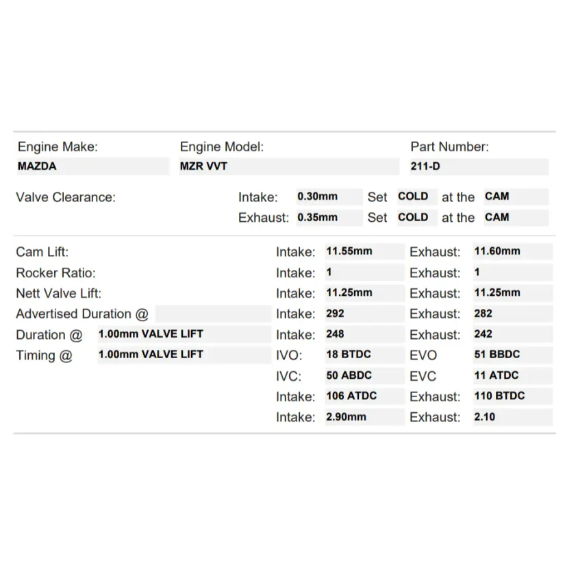 Kelford Cams 292/282 Race Cams Mazda MZR 2.0l LF-VE NA - Image 2